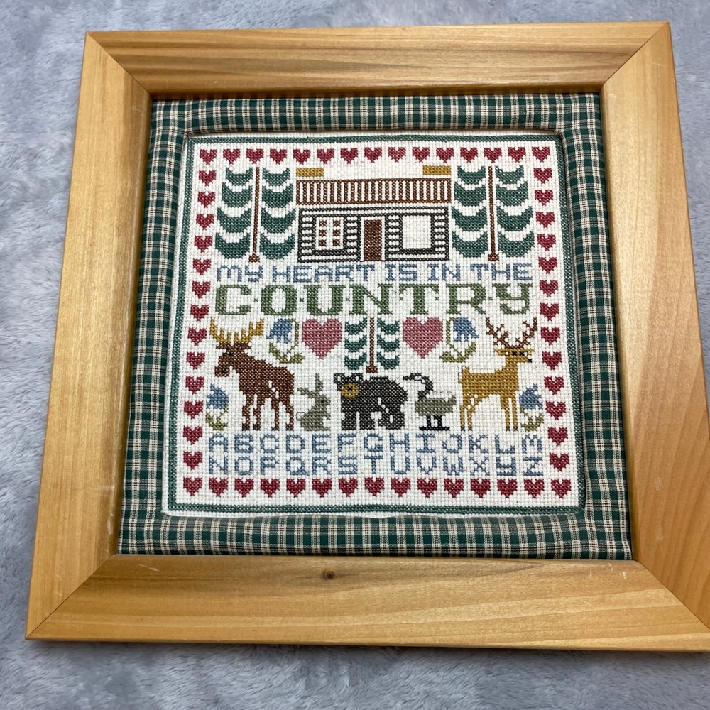 Vtg Needlepoint Wall Art Size 12.5" Square Brown Country Farm Cabin Core Framed